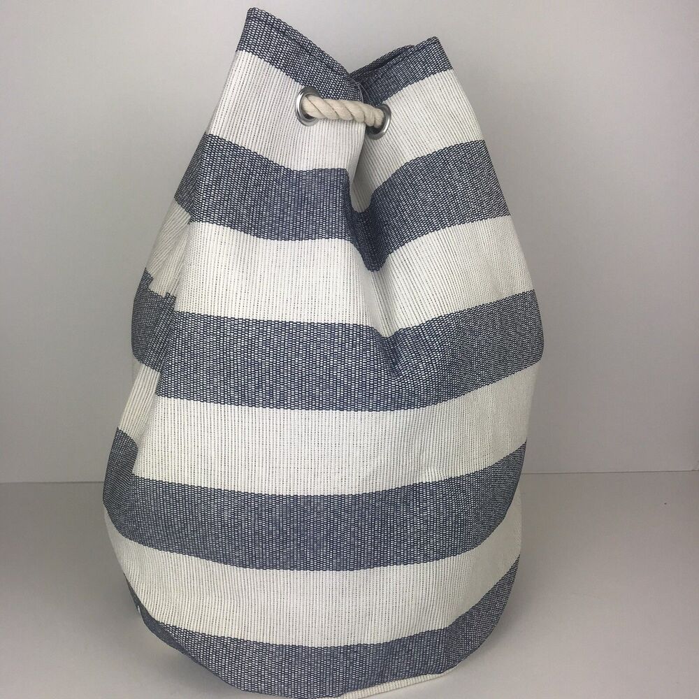 NEW Tote Medium Blue Stripe Nautical Pull String Beach Bag Purse Monogram